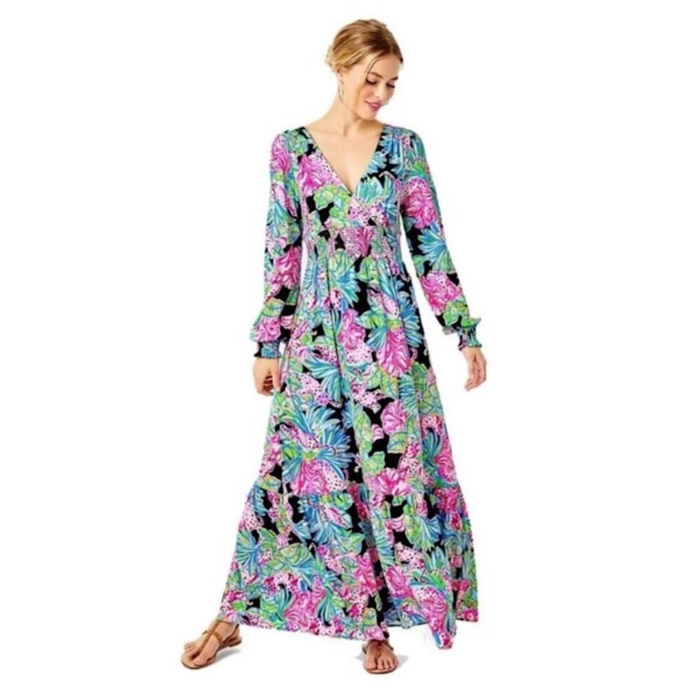 Lilly Pulitzer Women's Mistral‎ Maxi Onyx Jaguar Jungle Dress Multicolor Large